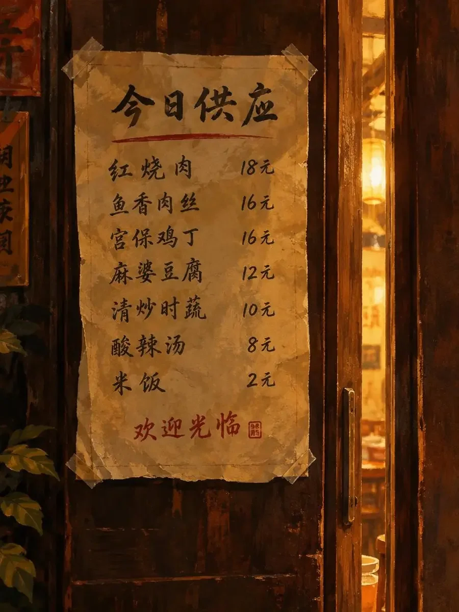 门口的手写菜单封面：贴在木门上的手写菜单与暖黄灯光