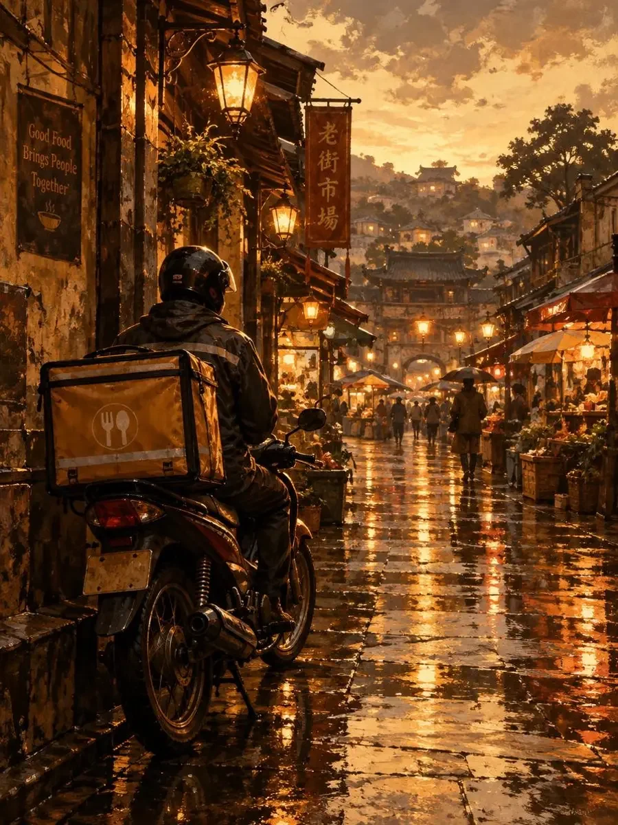 马路上的家庭封面：雨中旧街骑手的摩托车与暖黄路灯倒影